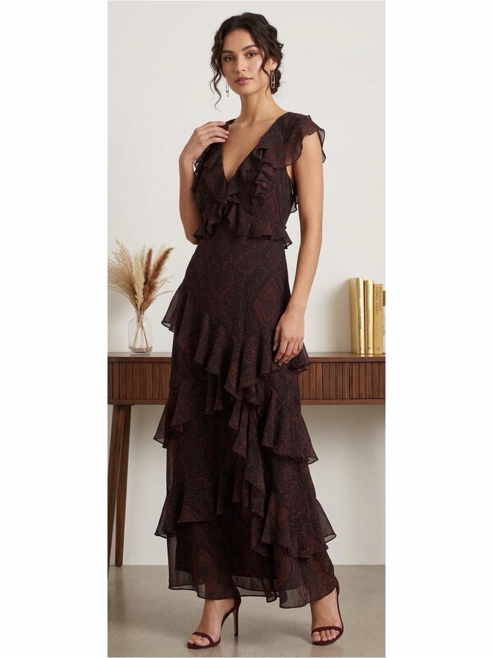 Lauren Ralph Lauren Paisley Tiered Ruffle Maxi Gown Sz 12
